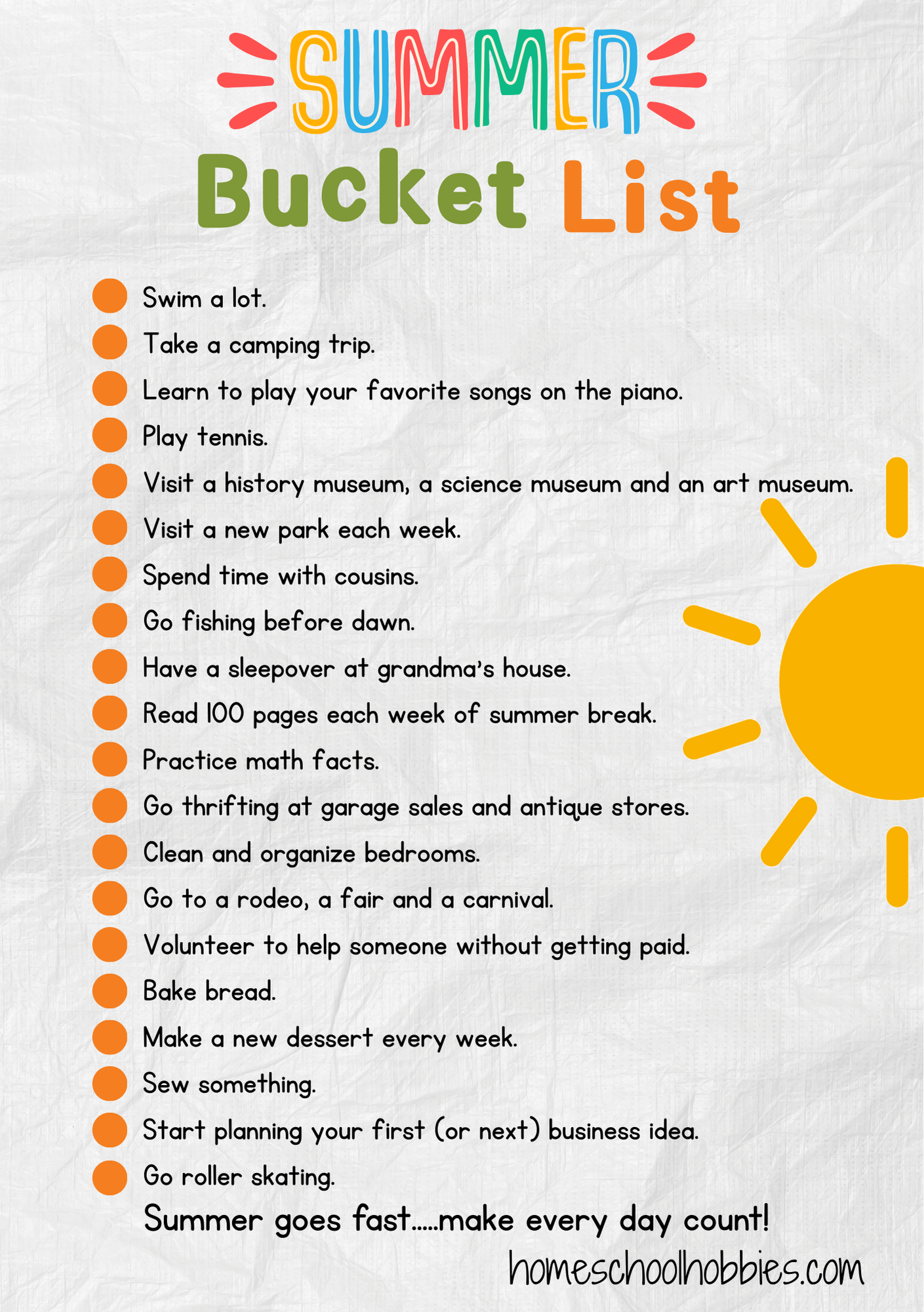 summer bucket list with sun and colorful letters